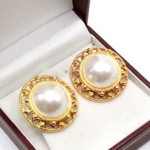 Anne Klein Signed Designer Couture Faux Pearl Gold Plate NOS Clip Earrings